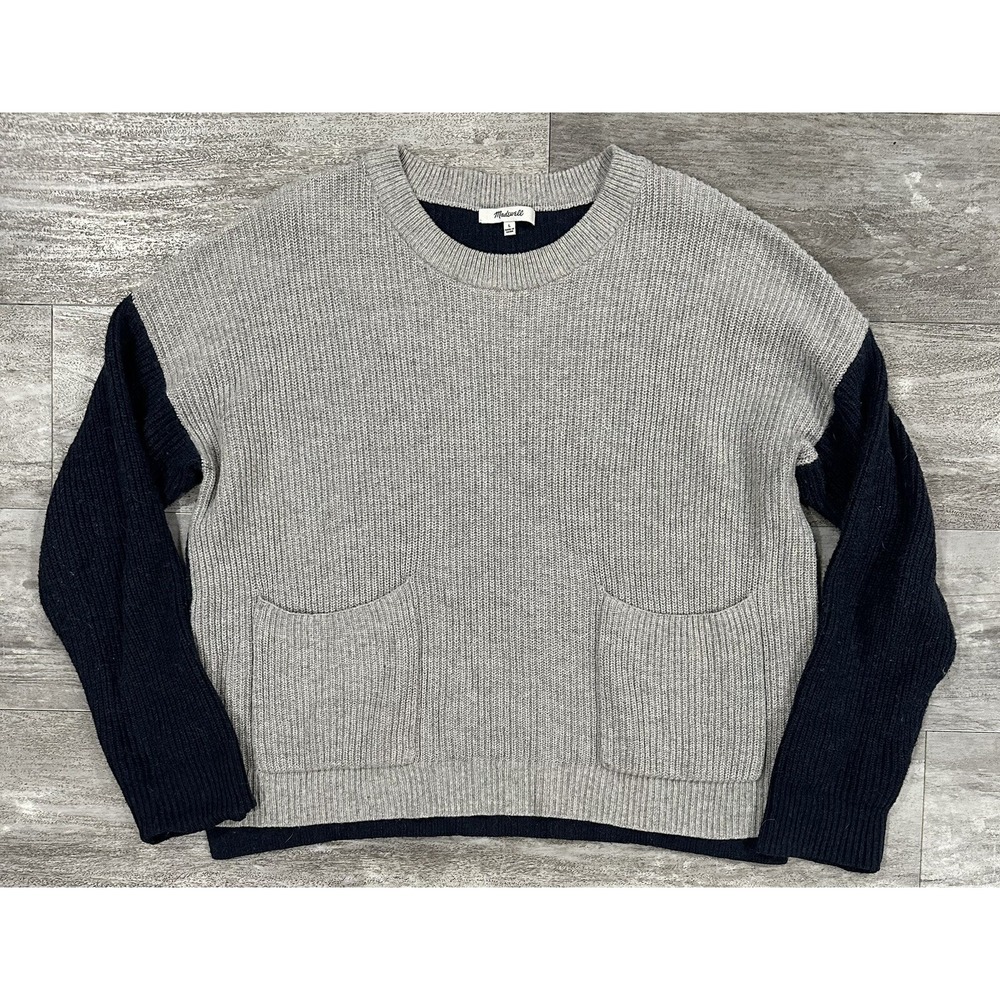 Madewell Womens Blue Gray Colorblock Harper Patch Pocket Pullover Sweater Size L